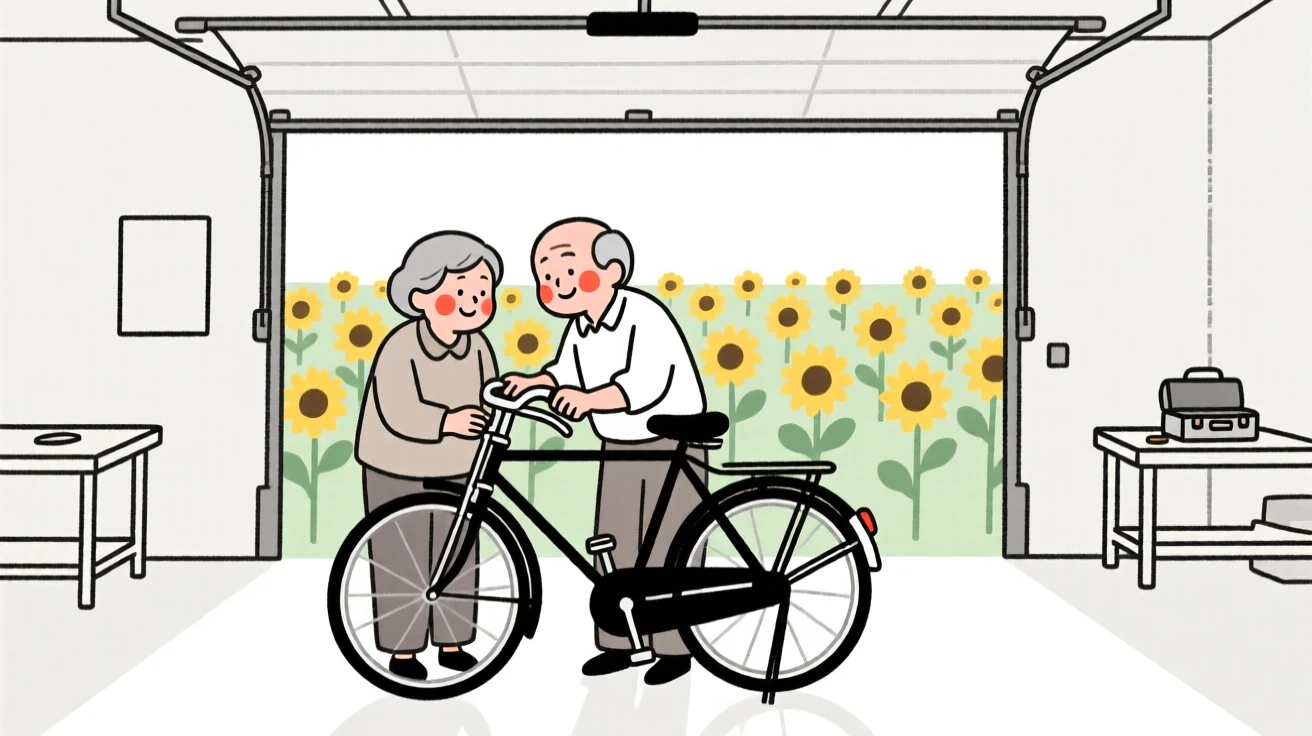 An elderly couple restoring an old bicycle in a garage, in a sunflower field.