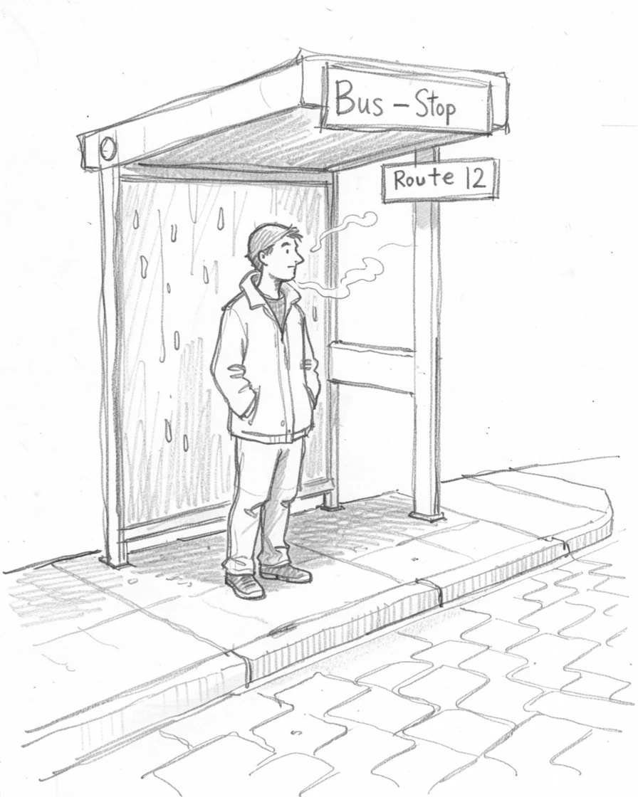 A commuter waiting at a rain-streaked bus stop, on a quiet cobblestone lane, with warm steam rising gently.