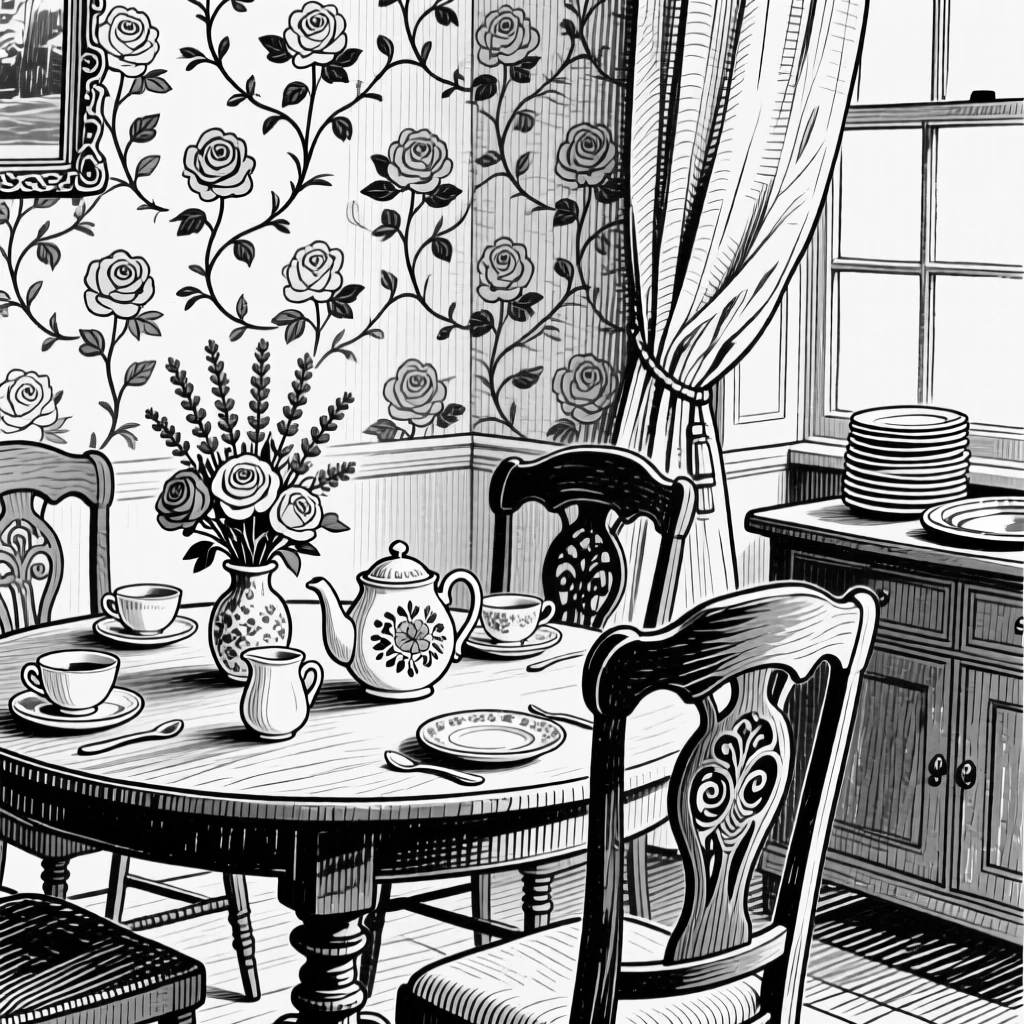A traditional English tearoom with floral wallpaper and fine china.