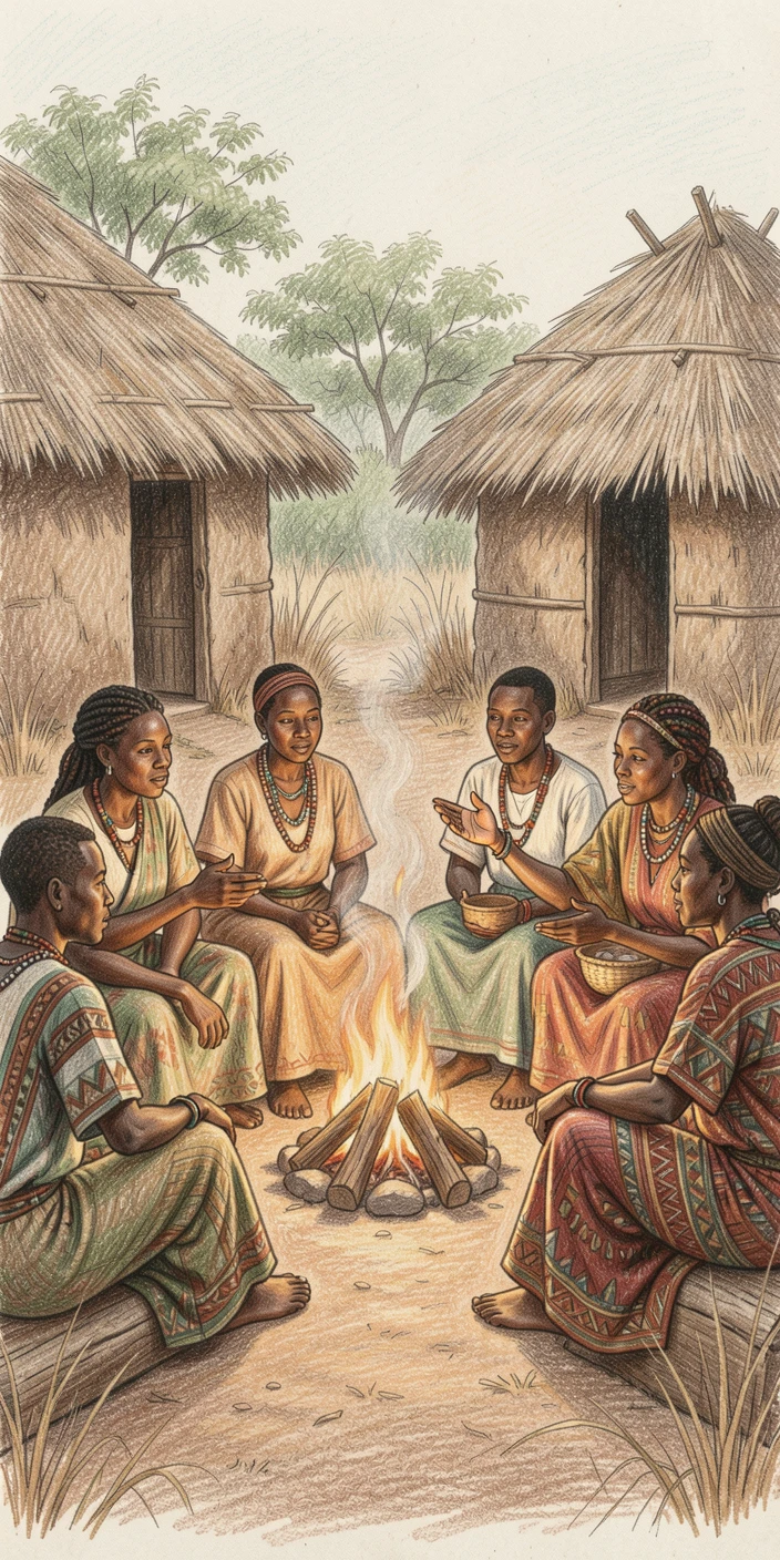 A traditional African village gathering around a storytelling fire, with careful attention to period-accurate clothing and setting, evoking a sense of timeless tradition and heritage.
