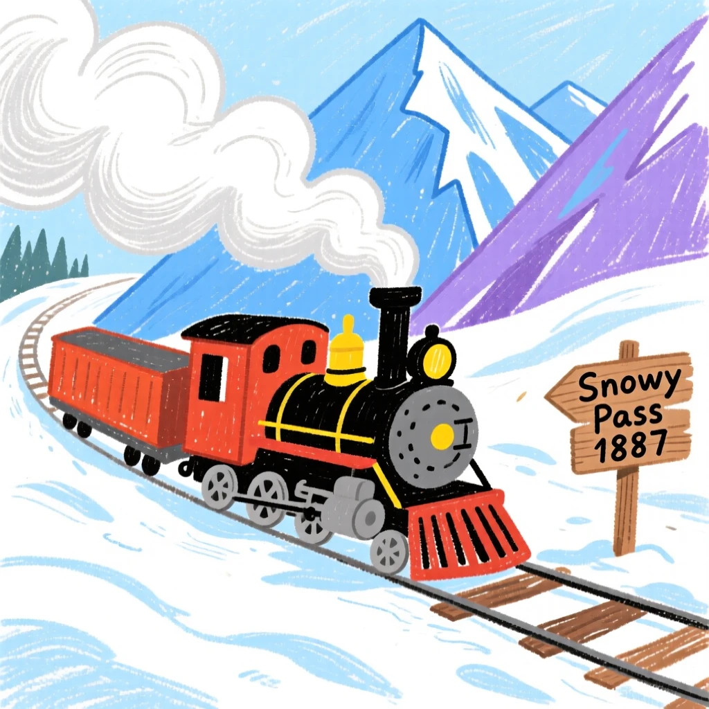 An old steam locomotive puffing through a snowy mountain pass.