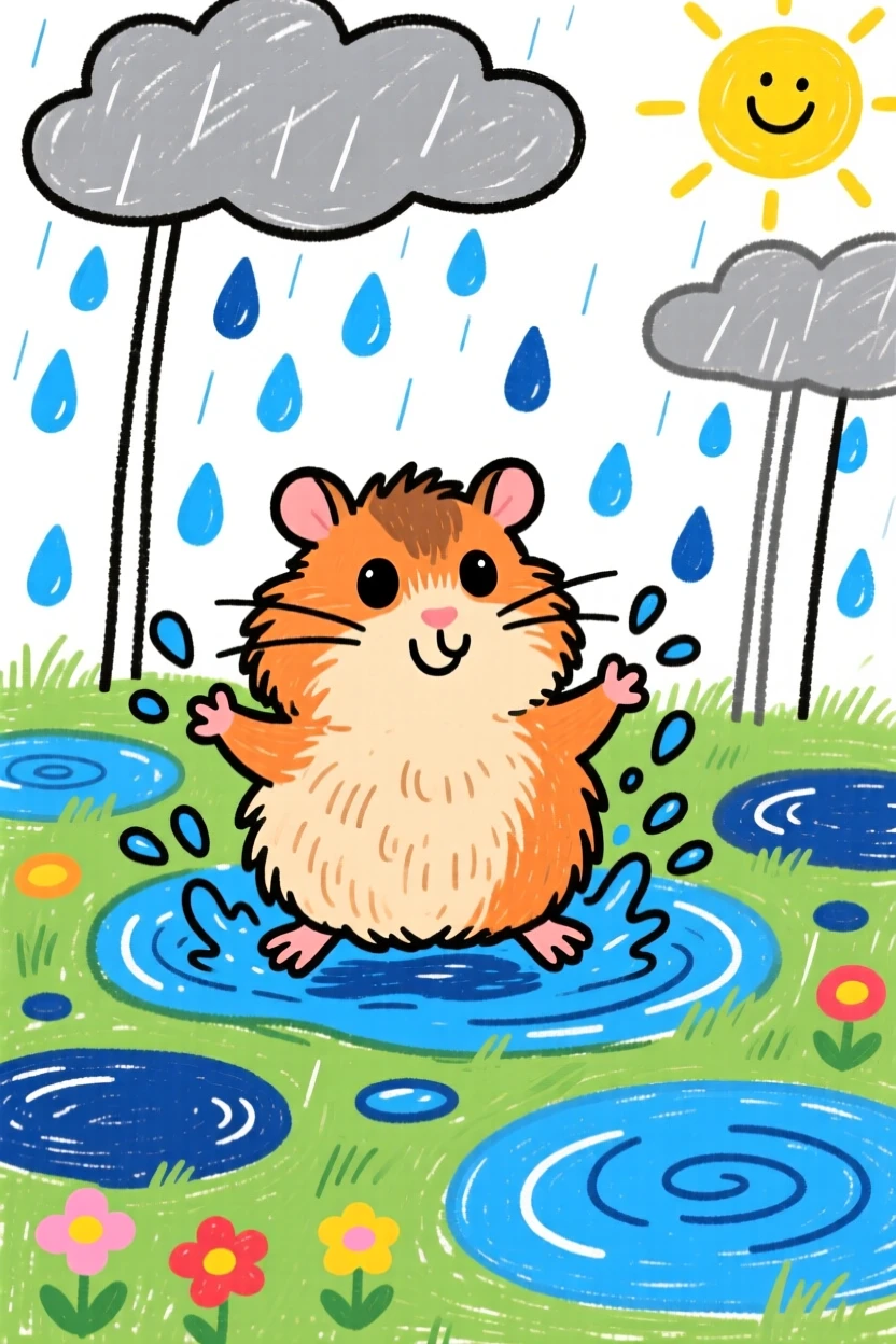 A fluffy guinea pig splashing through puddles on a rainy walk.