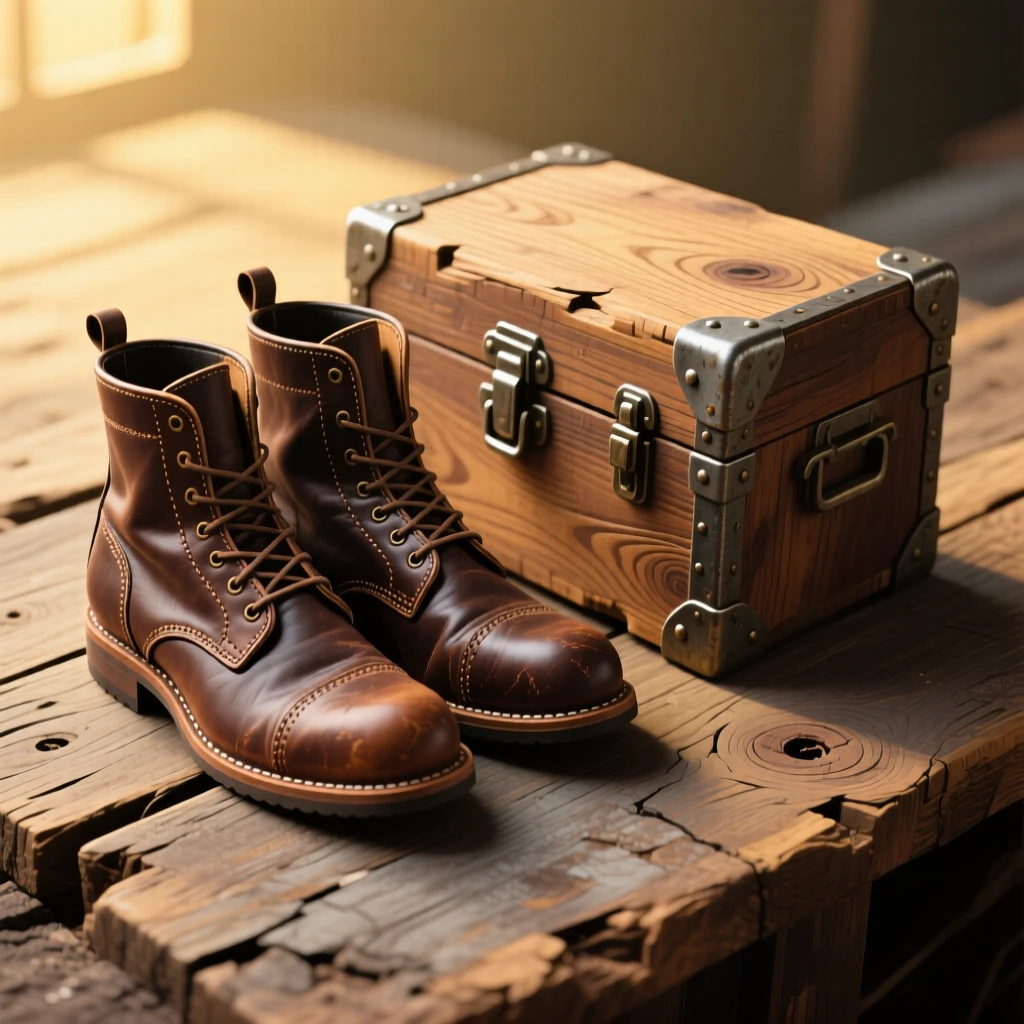 A pair of leather boots beside a wooden trunk, resting on a weathered wooden surface, arranged in a carefully styled flat lay, with soft golden light highlighting fine craftsmanship.