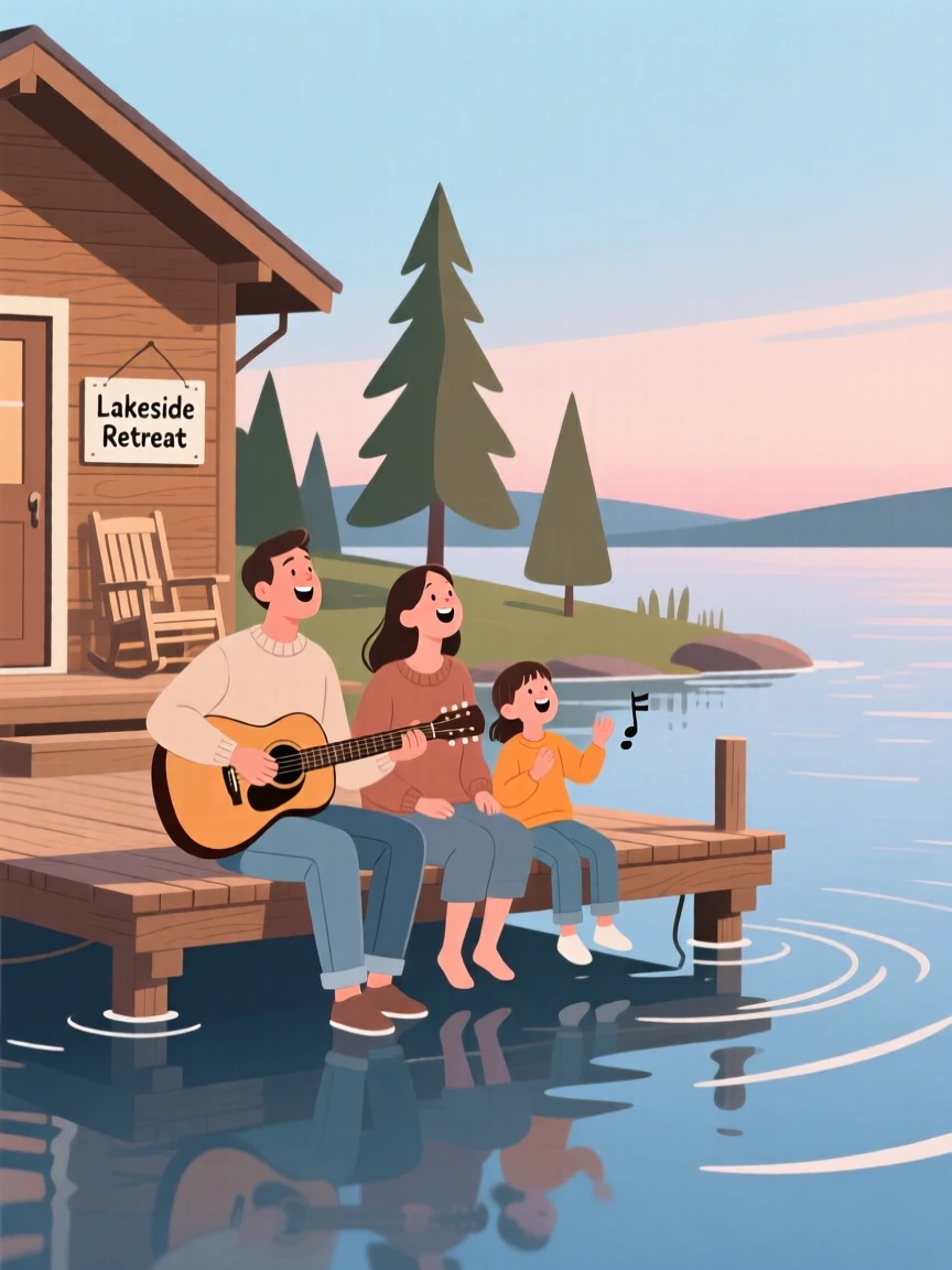 A family singing songs together at a lakeside cabin.