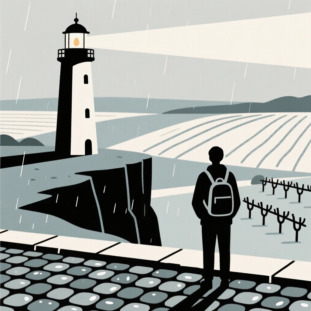 A traveler standing before a lighthouse on a cliff in a countryside dotted with vineyards, with cobblestone streets glistening with rain nearby, feeling quiet discovery.