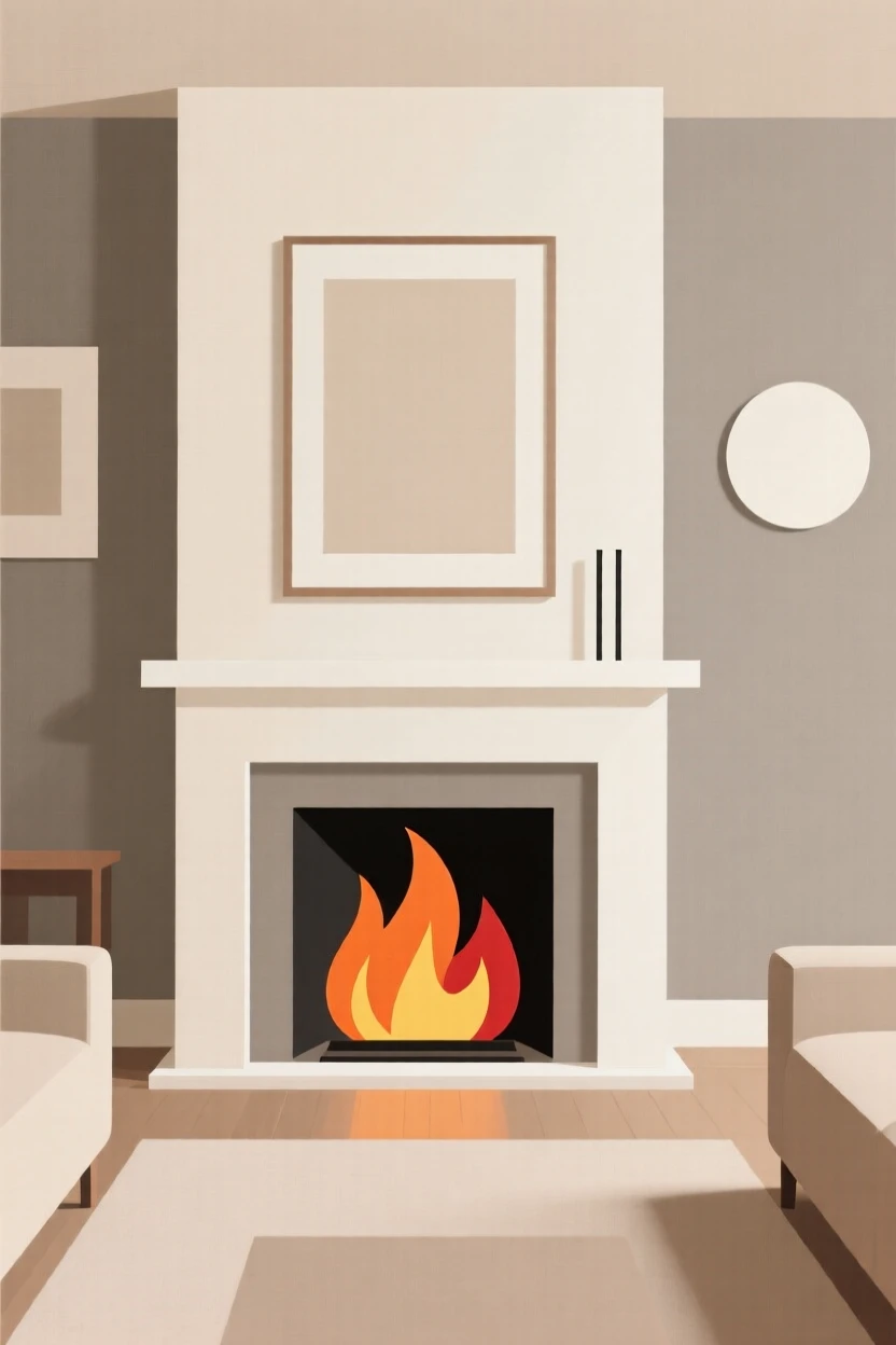 A fireplace glowing in a cozy living room