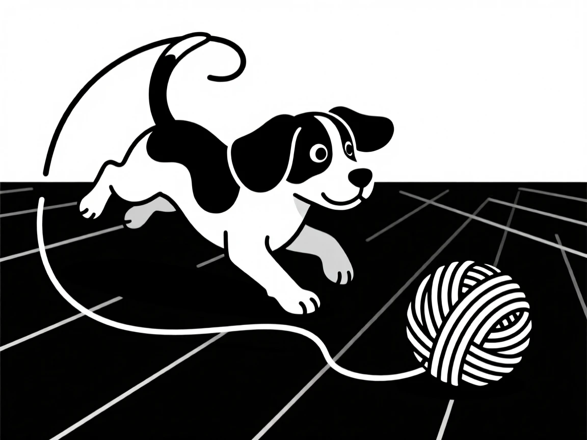 A beagle puppy chasing its tail chasing a ball of yarn across the floor.