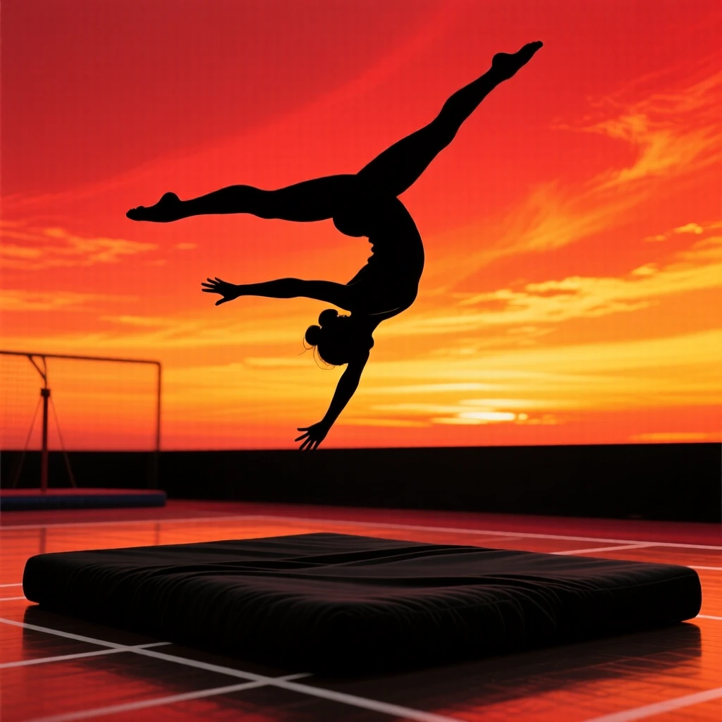 A gymnast frozen mid-flip above a padded floor.