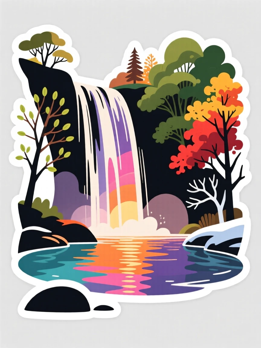 A majestic waterfall cascading into a clear pool, reflecting the colors of the sunset, as the seasons begin to change.