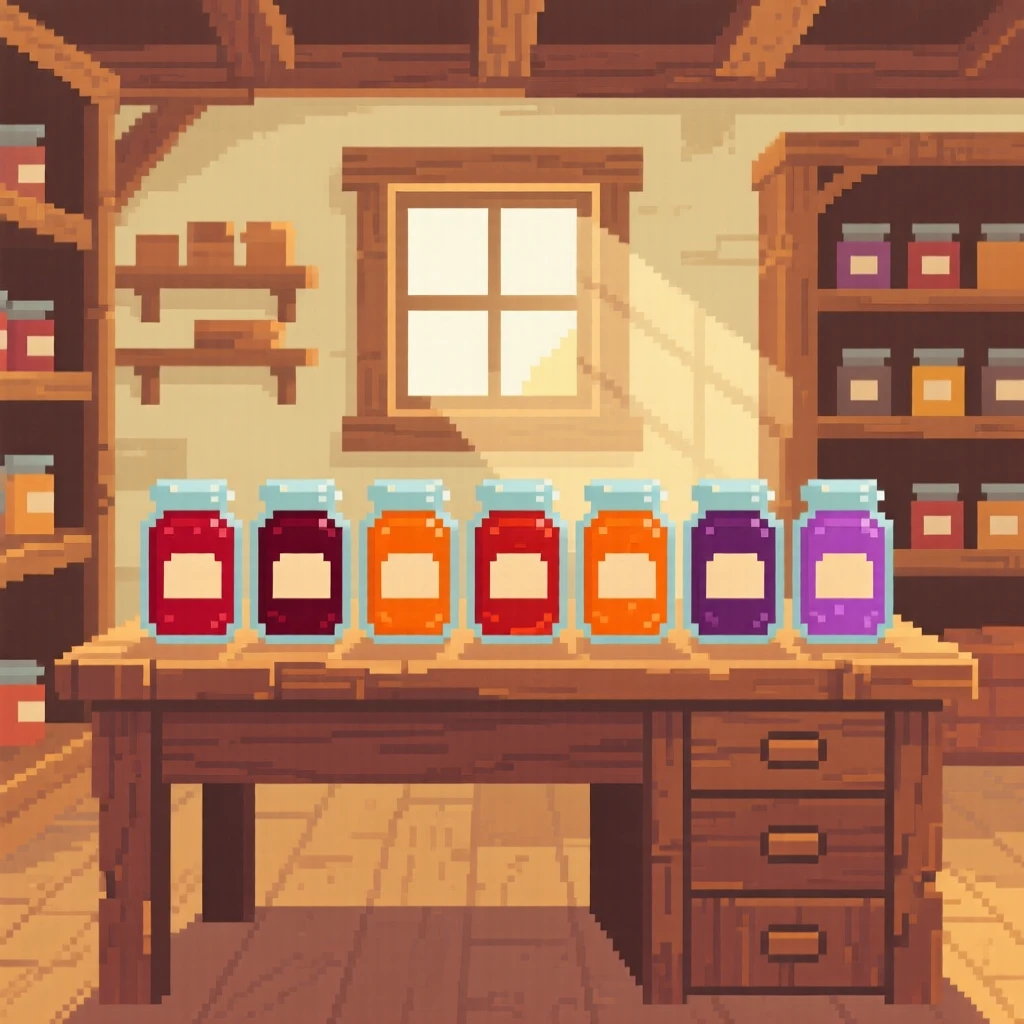 A study desk lined with jars of homemade jam, in a village bakery before opening hours.
