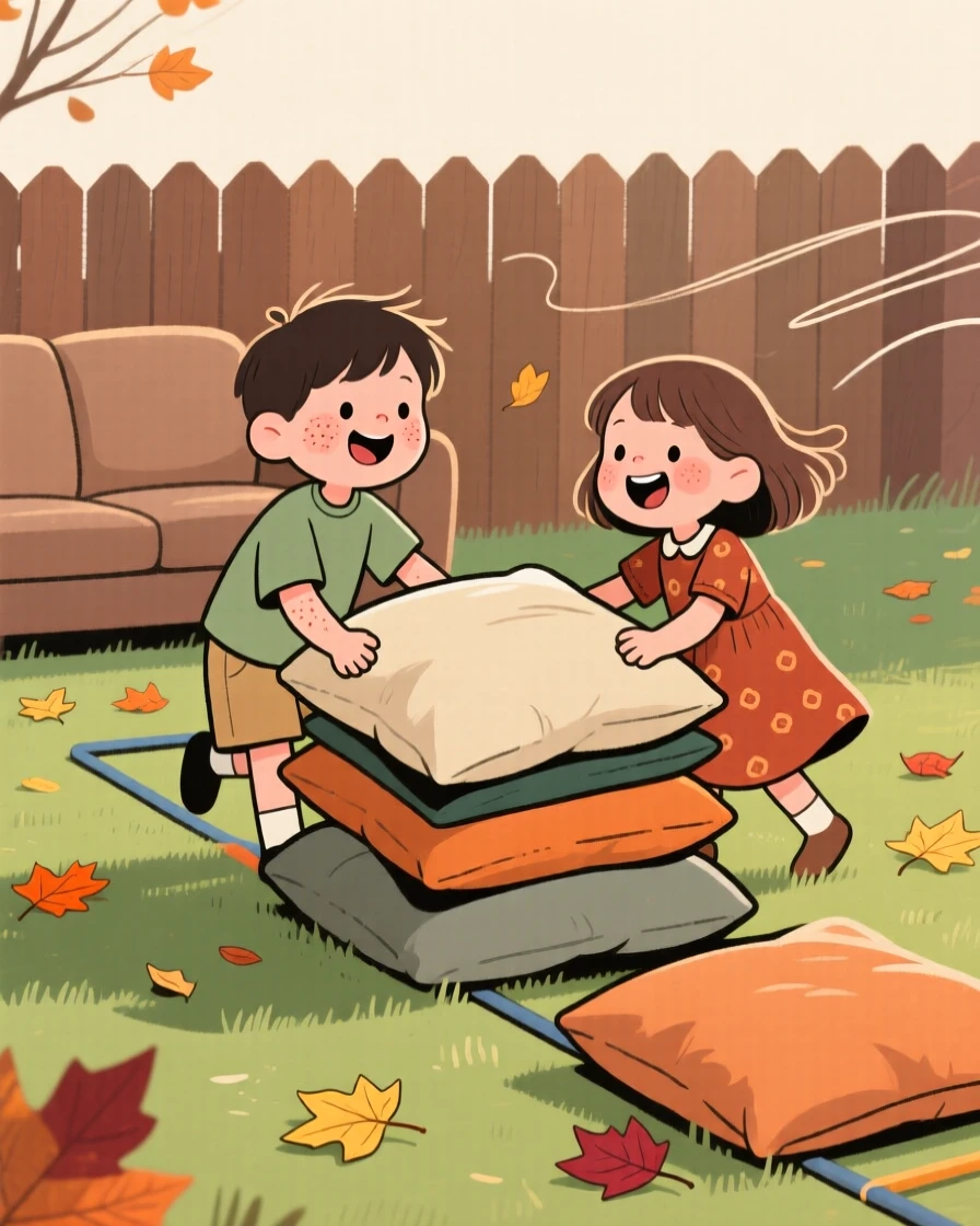 A pair of children build a obstacle course out of couch cushions in the backyard, laughing as the wind sends leaves scattering everywhere.