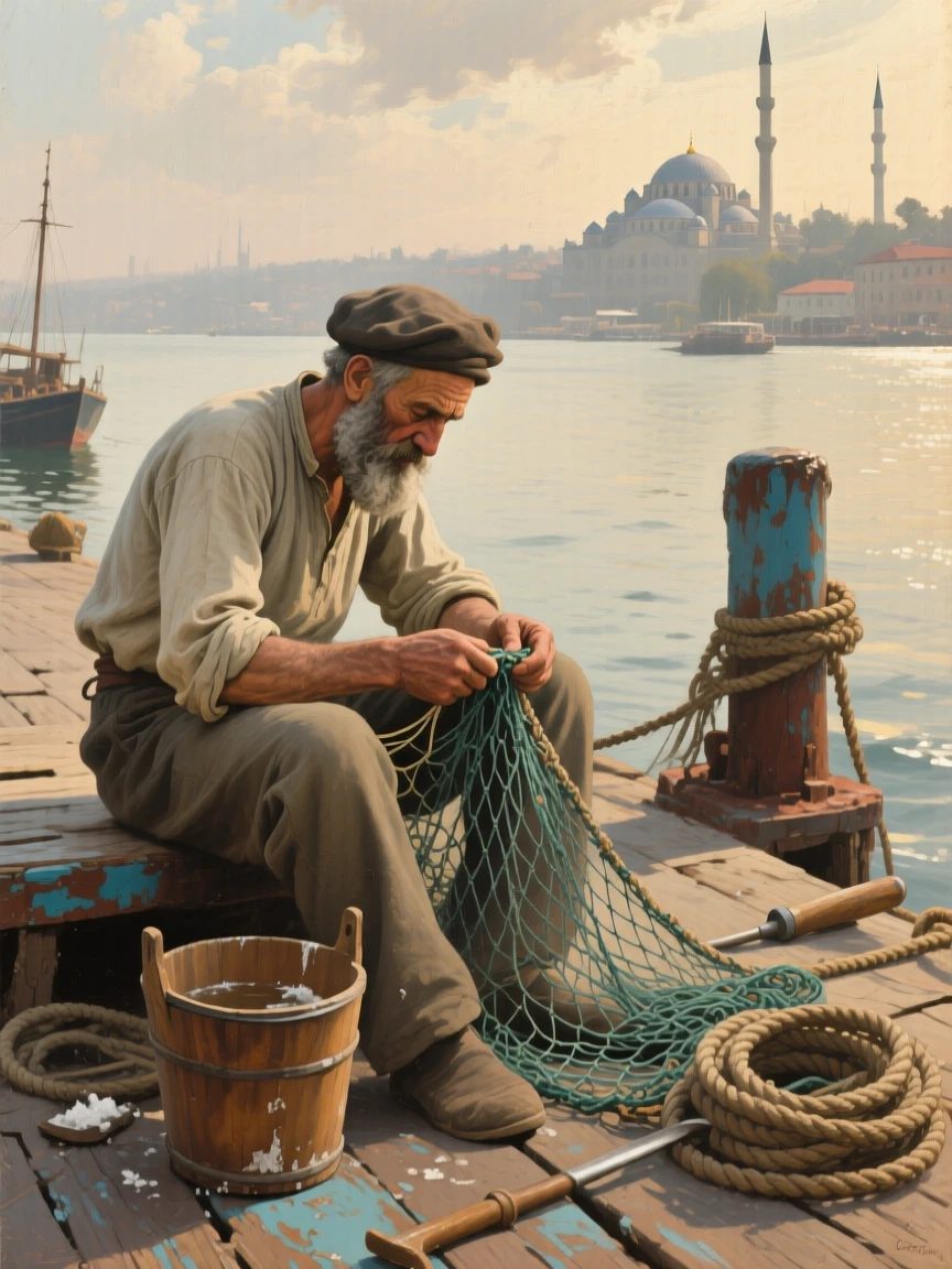 A well-framed scene of an old sailor mending a fishing net on a weathered dock, in the 1930s, in old Istanbul.
