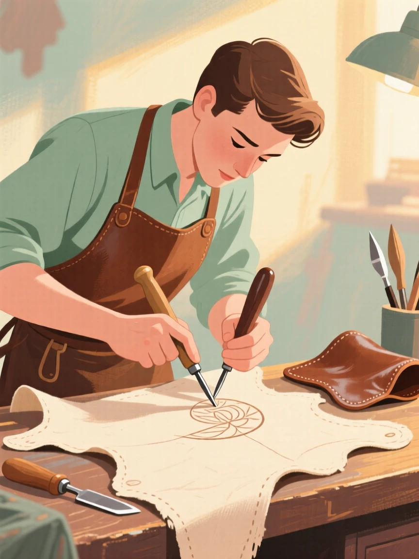 A leatherworker tooling patterns into a fresh hide
