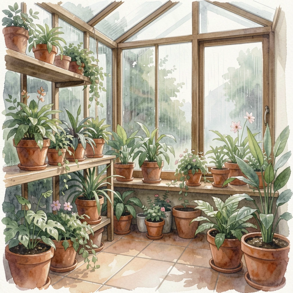 A greenhouse sunroom filled with potted plants with rain visible through the window.