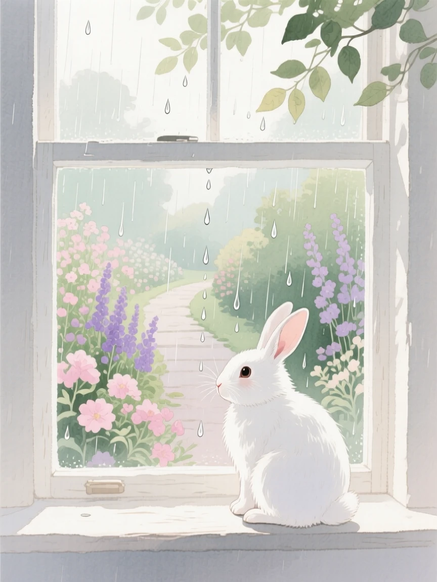 A white rabbit watches raindrops on a window in a blooming garden path, while soft light filters through nearby leaves
