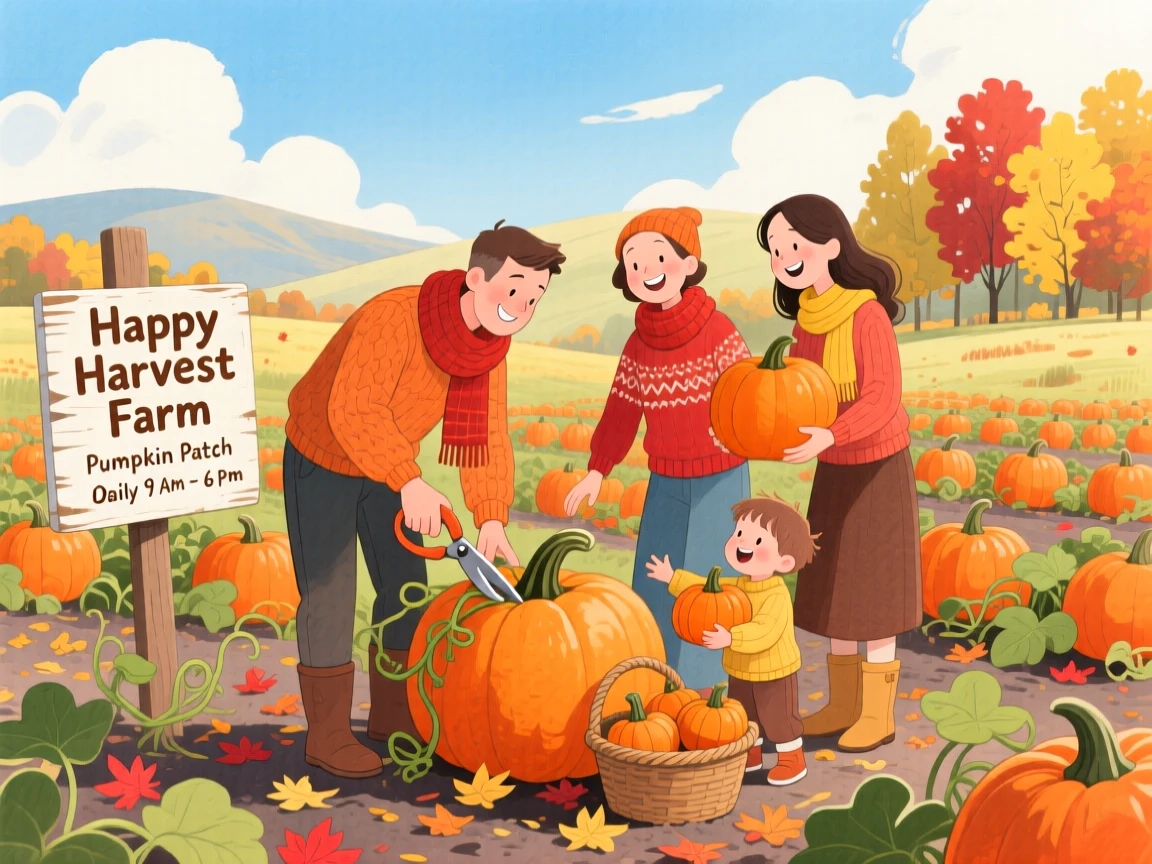 A joyful scene of a family harvesting pumpkins together in autumn.