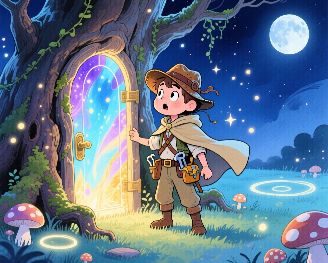 A treasure-hunting explorer discovering a hidden door glowing with magical light in an ancient tree, in a moonlit meadow ringed with mushroom circles, brimming with enchantment and discovery.
