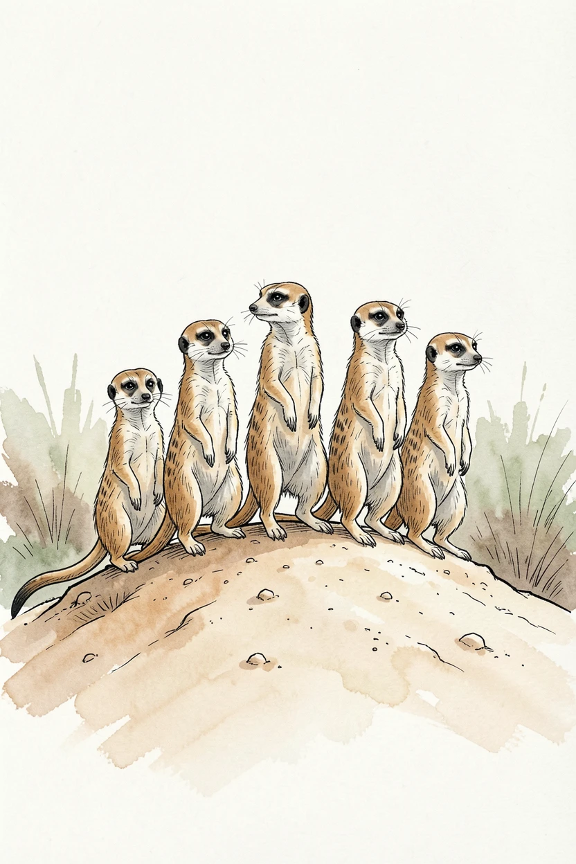 A group of meerkats standing alert atop a sandy mound, a sense of quiet wildness filling the moment.