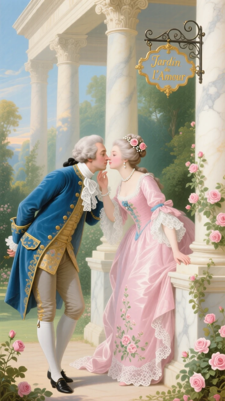 A gentleman kissing a lady’s hand beneath a marble colonnade  