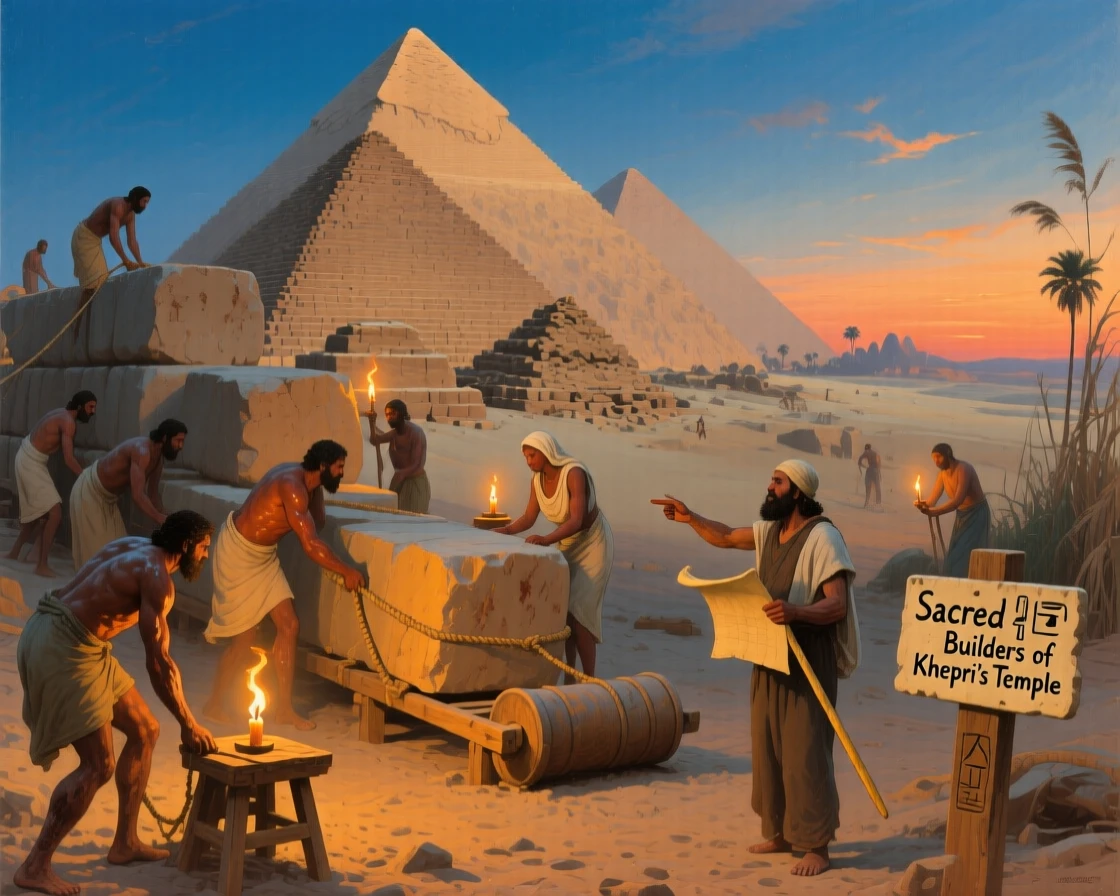 Ancient Egyptian builders hauling massive stone blocks toward a rising pyramid, as warm candlelight or torchlight fills the surrounding space, celebrating the rich diversity of world cultures and traditions