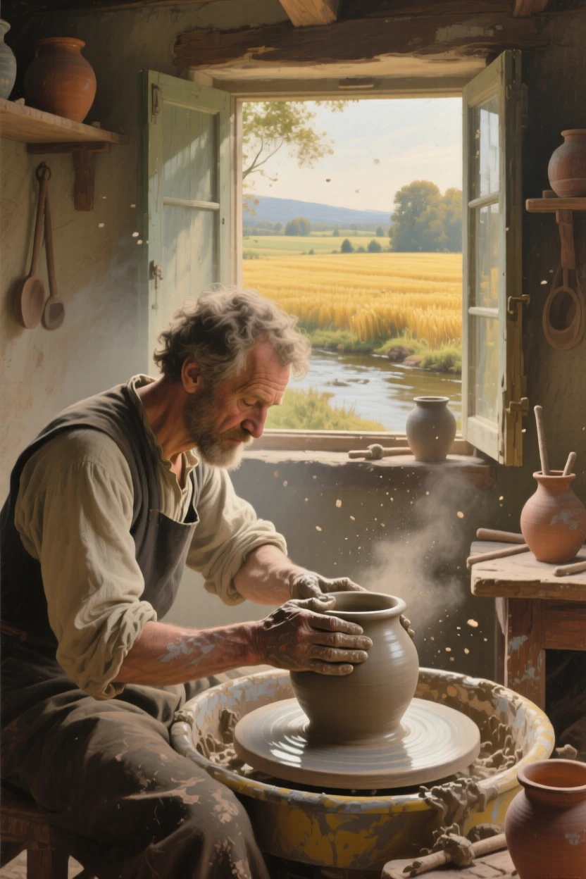 A potter shaping clay at the wheel in a sunlit workshop in a small, quiet moment made luminous and lasting, set beside a quiet stream at the edge of golden fields, with soft morning light catching dust and flour in the air; a tight, intimate framing draws focus to hands and faces at work, capturing the timeless rhythm of rural and village life.