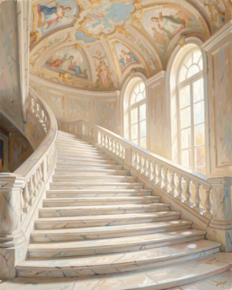 A grand staircase in a European palace, marble steps curving beneath a painted ceiling, radiating serenity and gentle stillness.