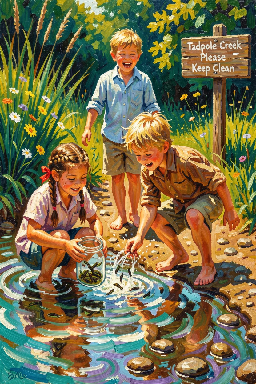 Children wading through a shallow creek, catching tadpoles in glass jars.