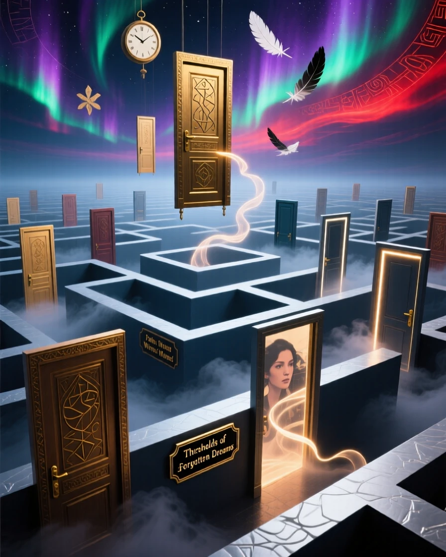 A maze of doors representing every choice never made exists suspended between light and shadow, while soft light gathers gently around its edges.