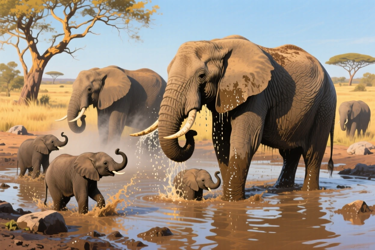 A herd of wild elephants bathes in a muddy watering hole in Botswana, calves splashing playfully while adults spray water over their backs, the play of light across its form emphasizing the animal's natural grace and presence.