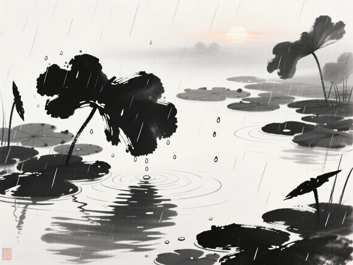 Rain falls gently onto a pond covered with lotus leaves, beneath the first light of a summer morning.