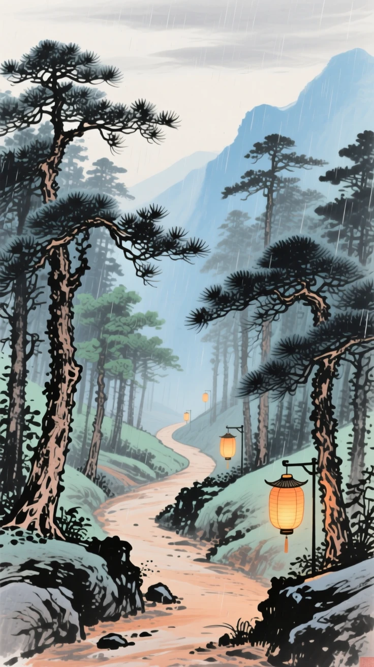 A narrow mountain path winding through pine forest, as lanterns are lit for the evening, conveying a deep sense of harmony with nature, beneath a sky washed clean by rain.