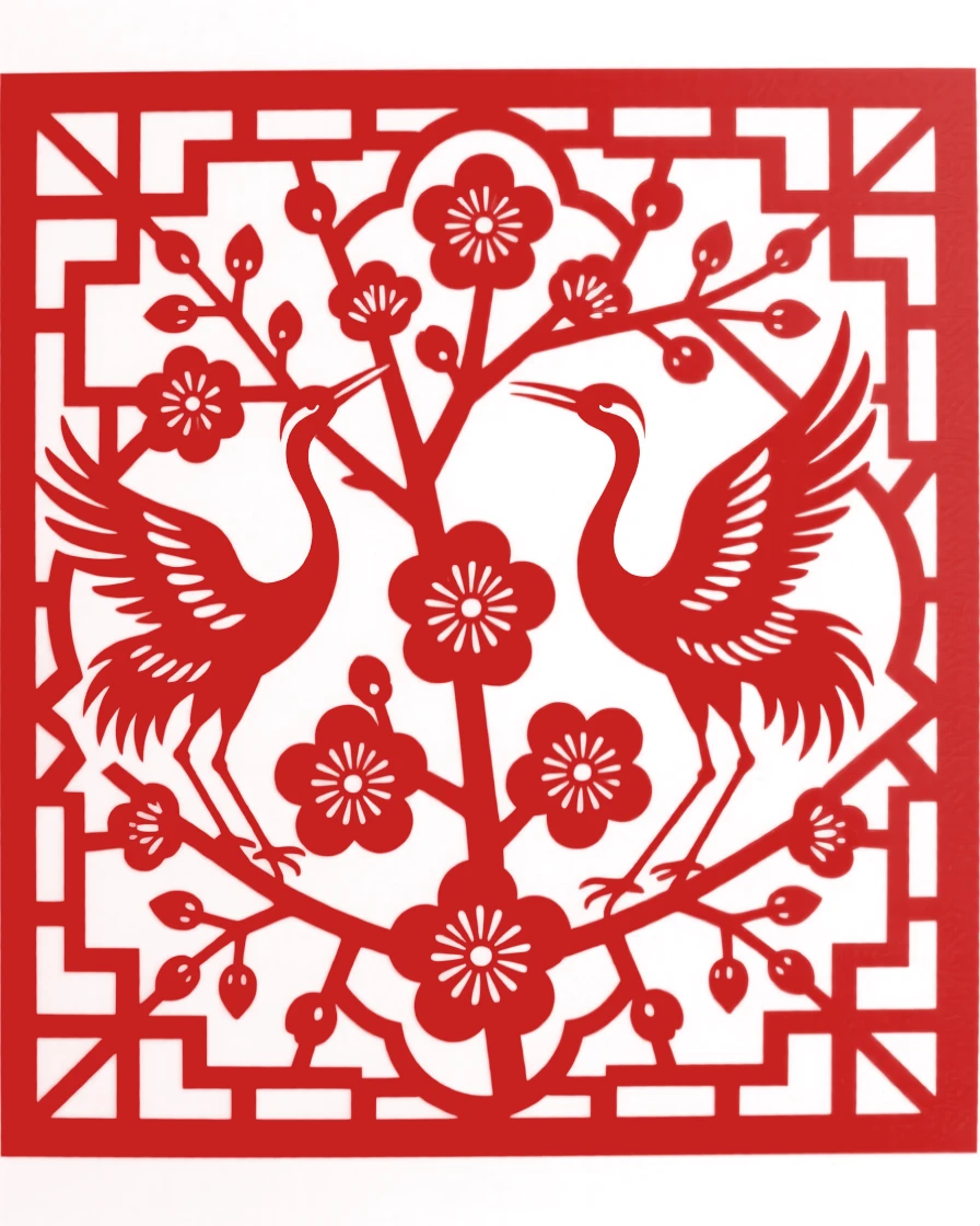 A design of a square lattice frame featuring a lattice of plum blossoms and cranes, radiating outward from a central focal point.
