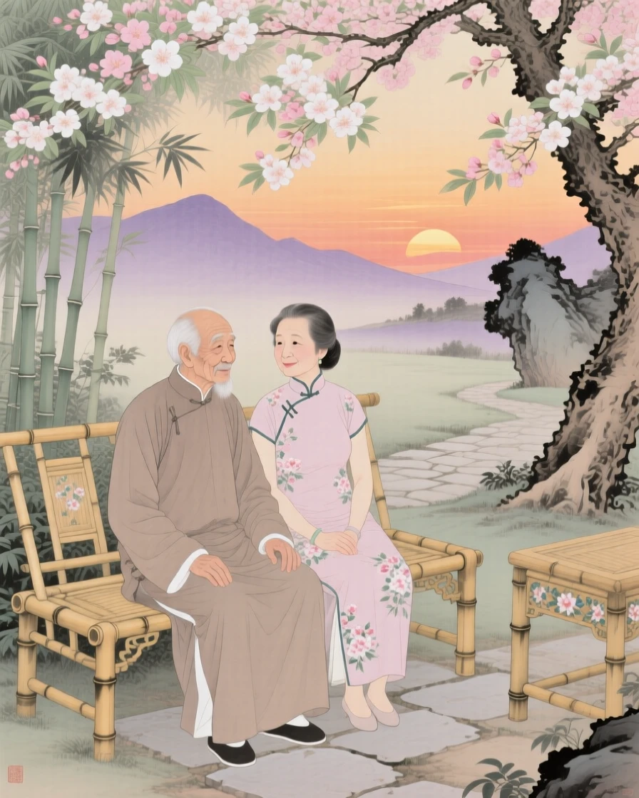 An elderly couple sitting quietly together watching the sunset from a garden bench, beneath a canopy of blossoming trees