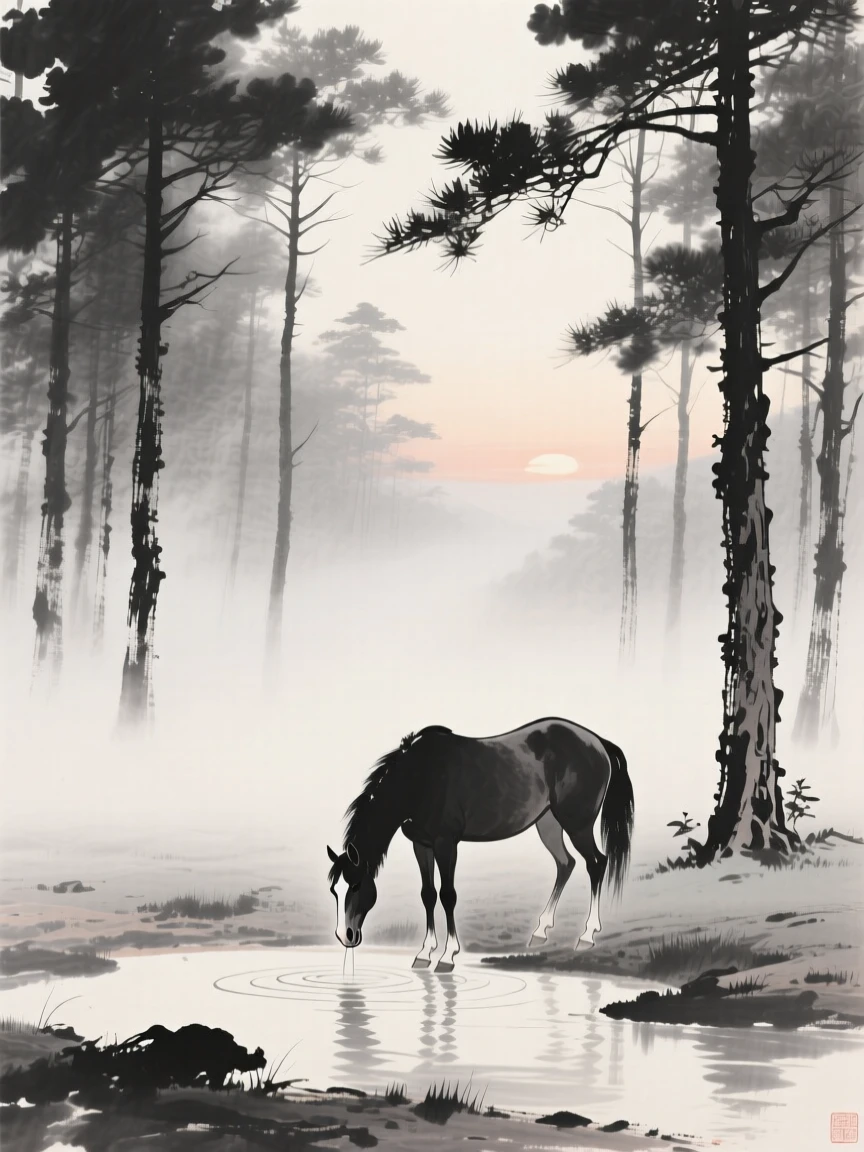 A horse gathered near a watering hole at dawn in a misty pine forest, positioned off-center, leaving space for the quiet landscape around it, suggesting calm alertness within a peaceful world.