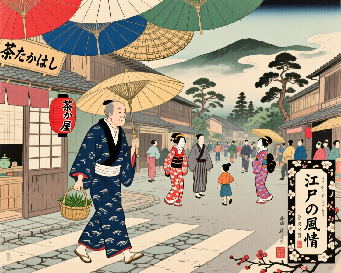 A tea shop owner crossing a busy intersection beneath a canopy of umbrellas.