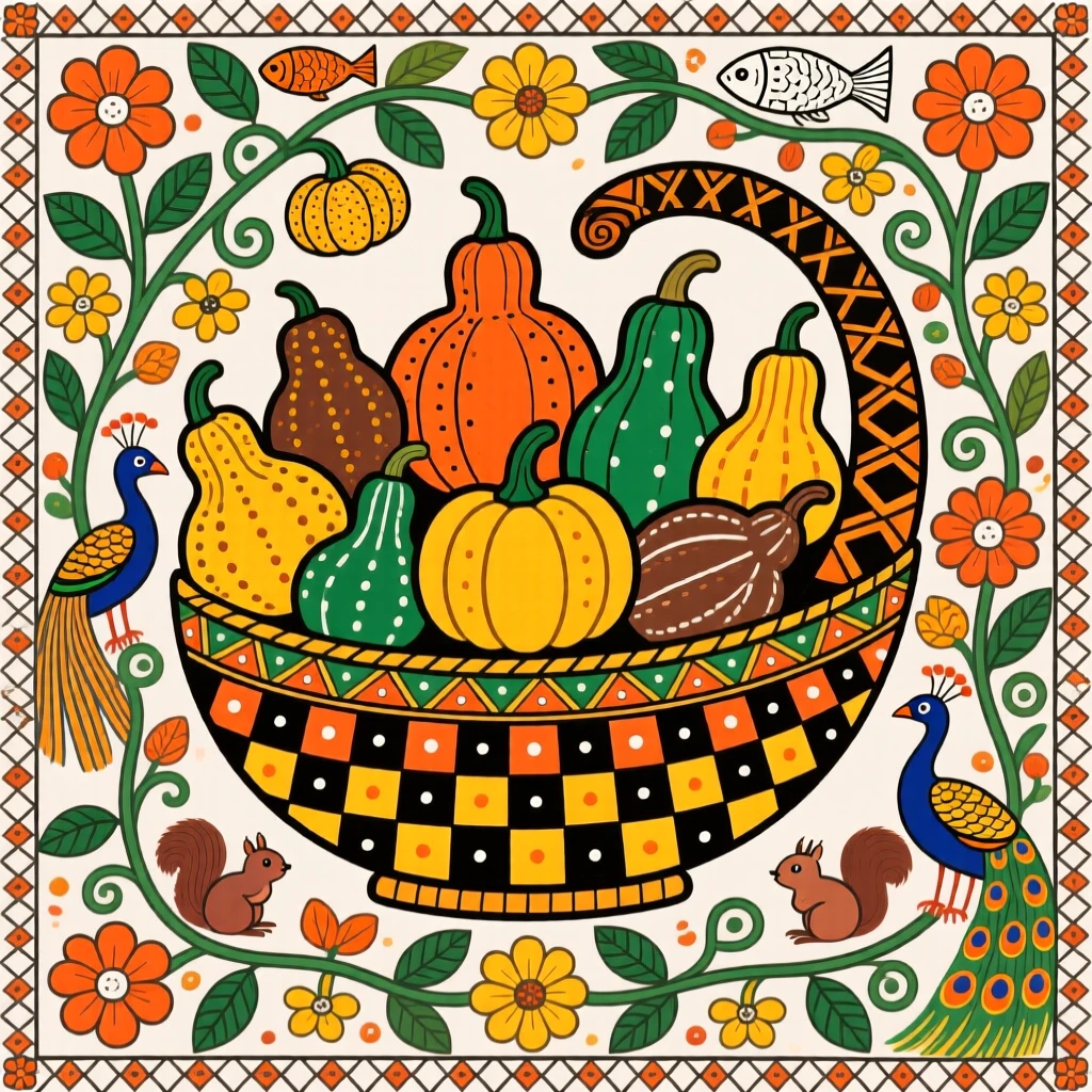 A cornucopia of gourds and squash arranged for an autumn feast.