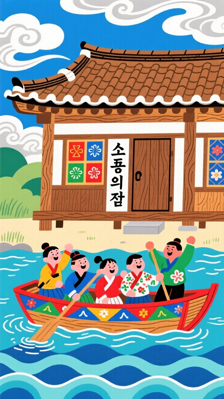 A group of friends rowing a small wooden boat across a lake in front of a traditional wooden house.