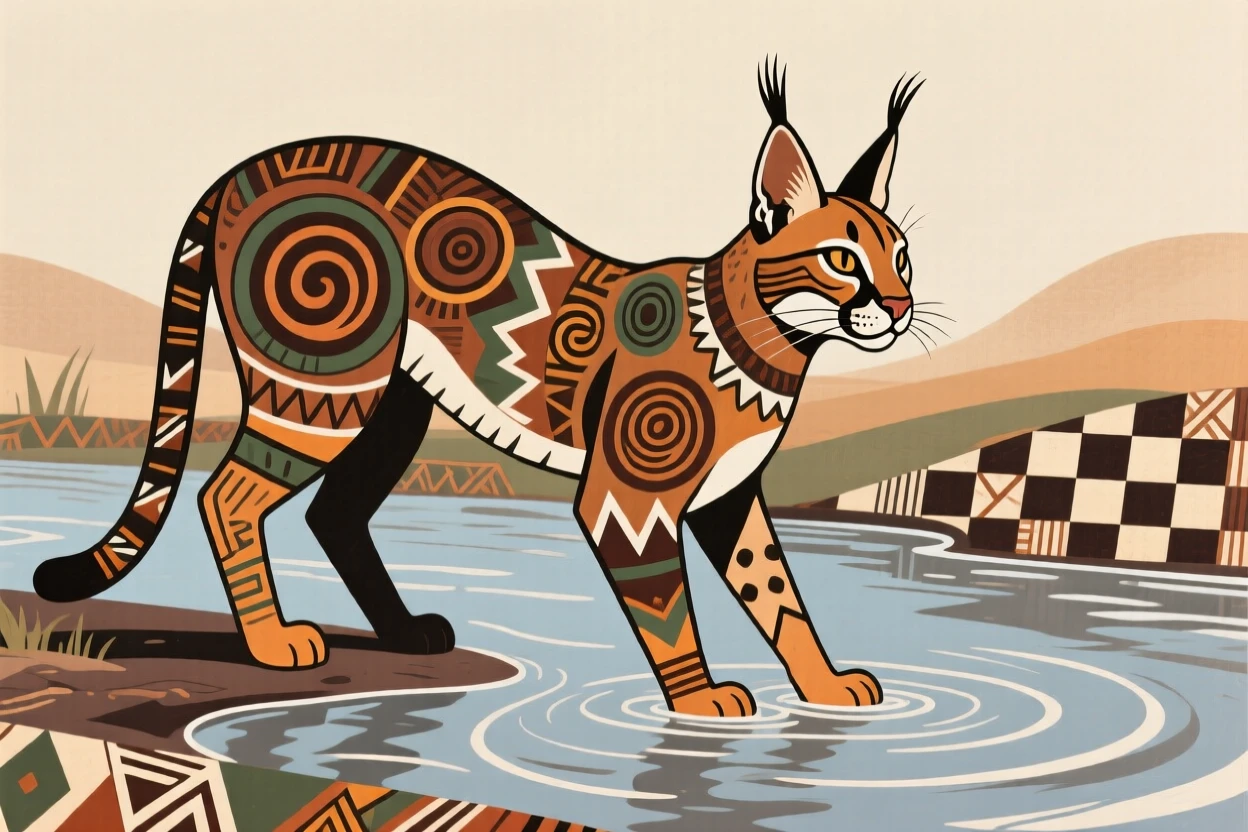 A caracal cooling off in a river.