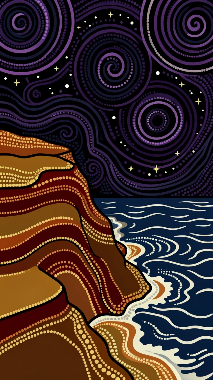 A dramatic sea cliff beneath a starry night sky
