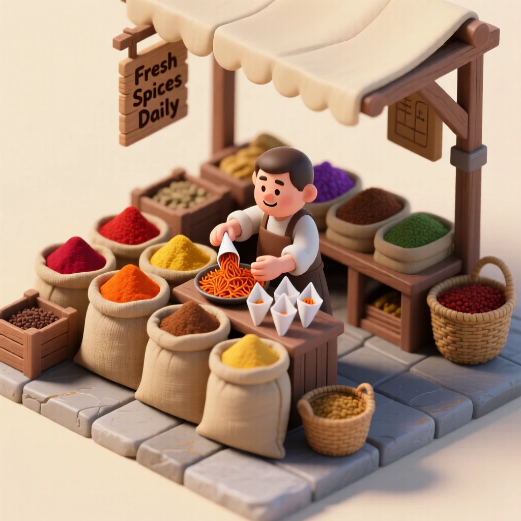 A bustling spice market with sacks of vibrant powders in every color, a vendor scooping saffron into small paper cones.