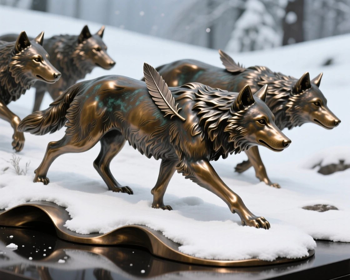 A pack of wolves moving silently through snow, with fine, lifelike detail in fur and feather, evoking wonder and majesty