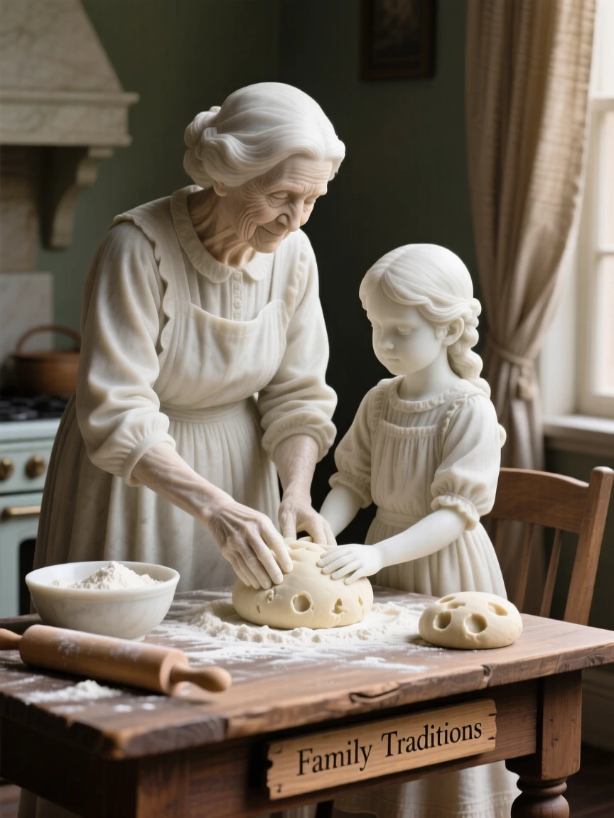 An emotionally powerful scene of a grandmother teaching her granddaughter to bake, filled with warmth, tenderness, and connection
