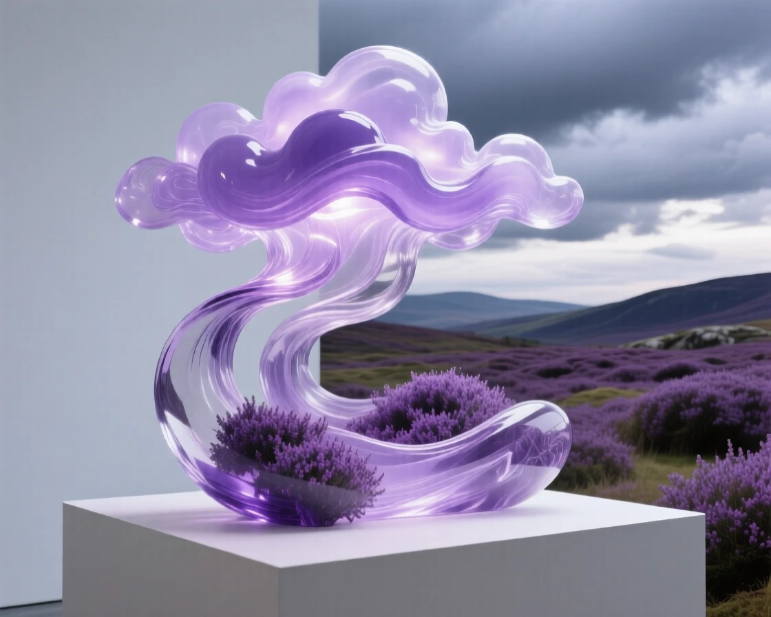 A highland moor covered in purple heather under a dramatic sky with shifting clouds, wide panoramic composition, feeling expansive and awe-inspiring.