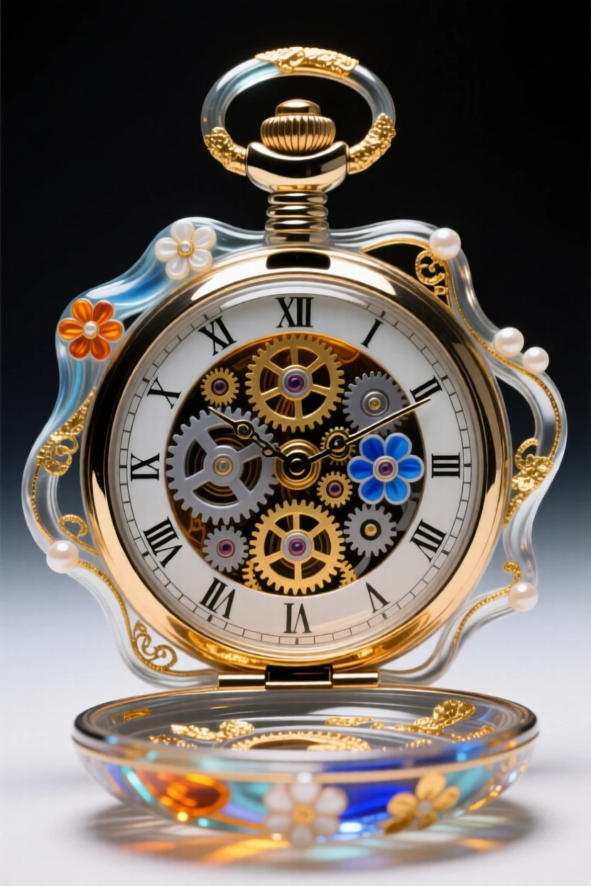 An ornate antique pocket watch open to reveal intricate gears, elegant and nostalgic.