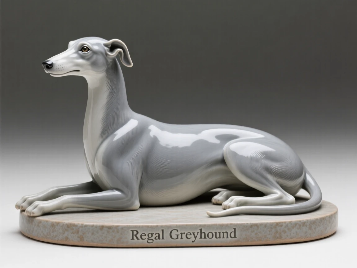 An elegant greyhound reclining regally captured in a graceful, polished stance, with fine, delicate detailing throughout, conveying calm, tasteful sophistication.