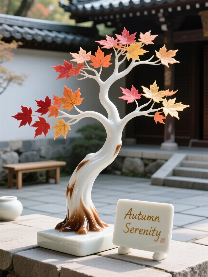 A wind-swept maple tree glowing with autumn color in a tranquil temple courtyard.