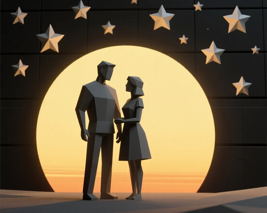 A couple silhouetted against a golden sunset, beneath a sky full of stars. fine details in expression bring the moment to life. A wave of nostalgia fills the moment.