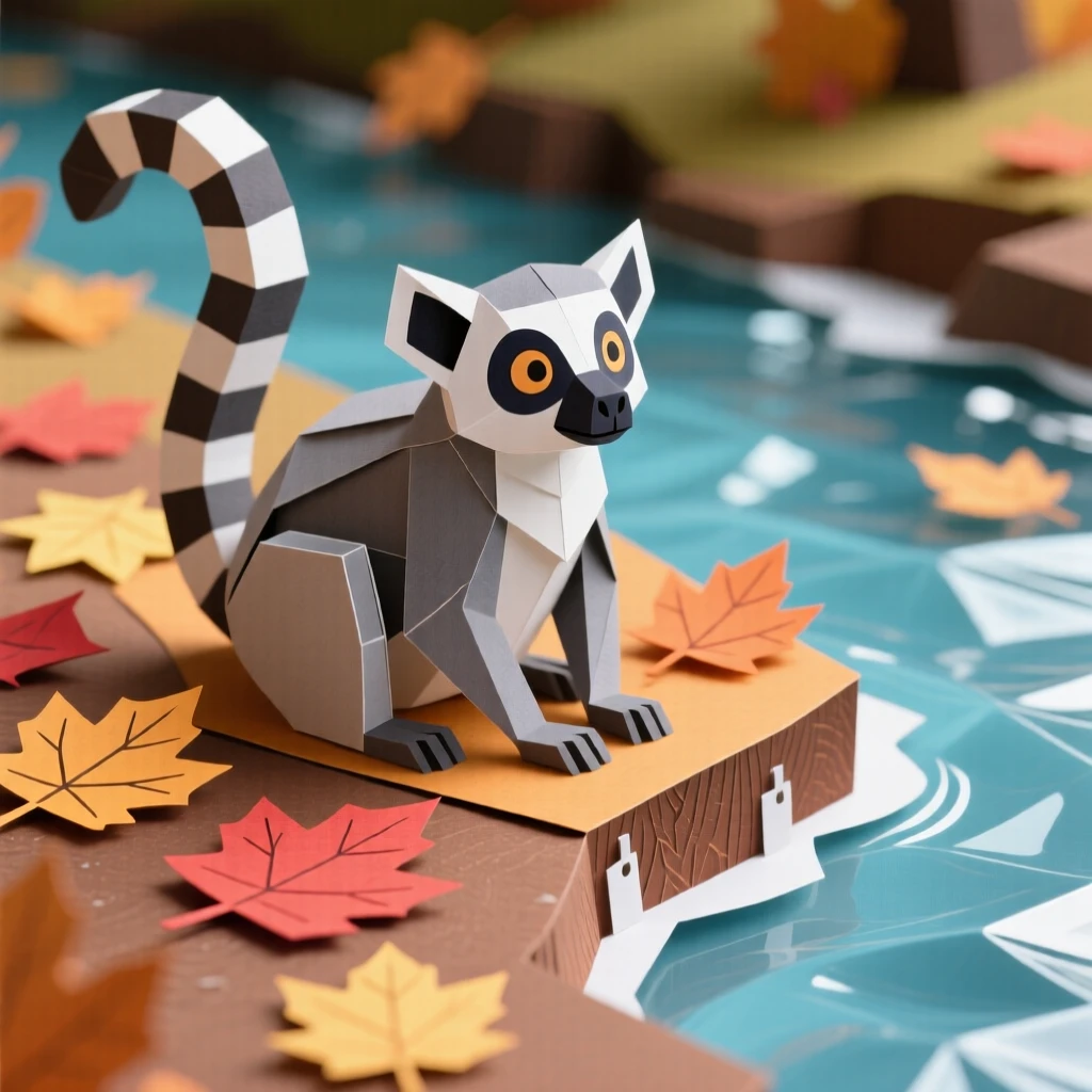 A curious lemur basking on a warm riverbank, with autumn leaves scattered around it, conveying quiet dignity and grace.
