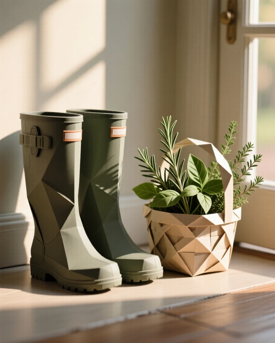 A pair of wellington boots by the door beside a basket of freshly cut garden herbs.
