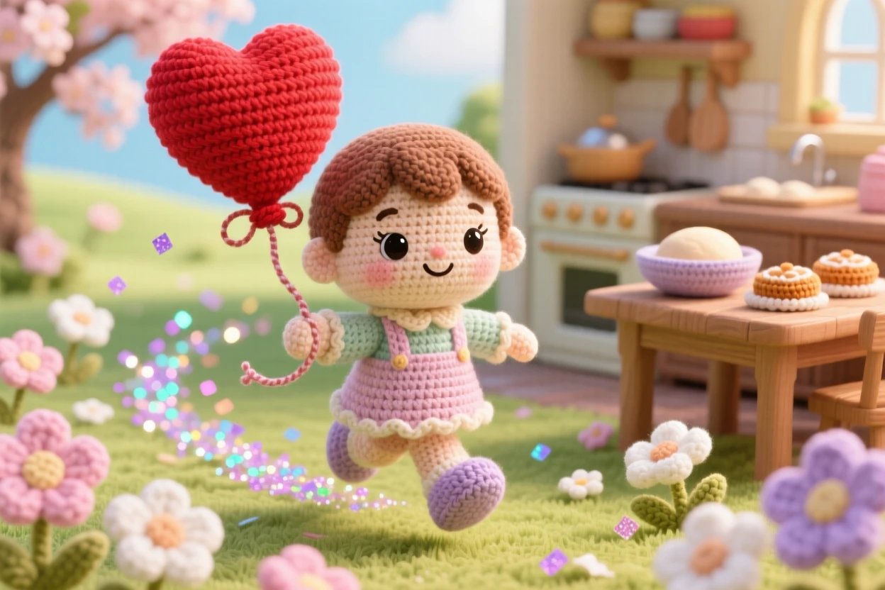 a small child holding a heart balloon, on a bright spring morning, is shown skipping through a park full of blossoms in a warm kitchen filled with holiday baking smells beside a trail of glittering confetti, capturing quiet, comforting seasonal tradition.